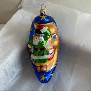 Blown Glass Hand Painted Santa Sleeping On Crescent Moon Christmas Ornament